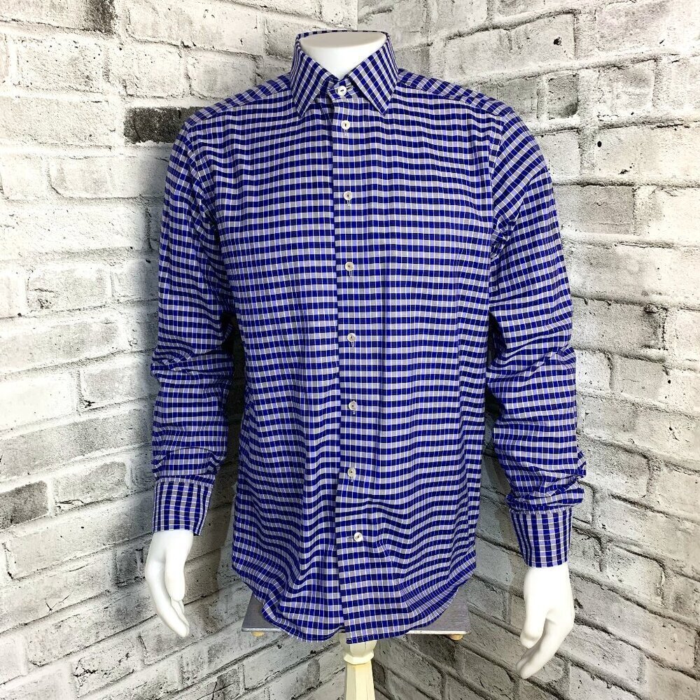 Eton Contemporary Fit Blue White Check Button Down Dress Shirt Preppy Office